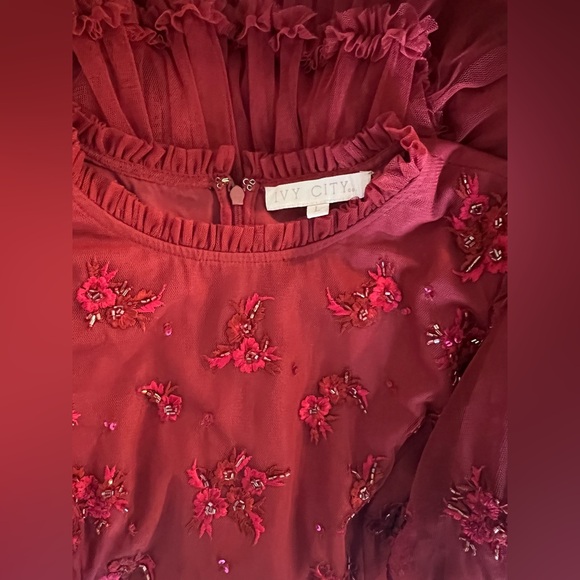 IVY CITY RED HAND BEADED ANASTASIA DRESS SIZE LARGE MAROON RED RUFFLES - Picture 4 of 4